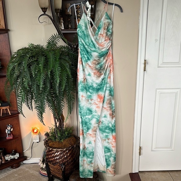 Lulus Lover’s Paradise Metallic Tie Dye Maxi Dress Teal Orange Crisscross Back - Picture 16 of 16
